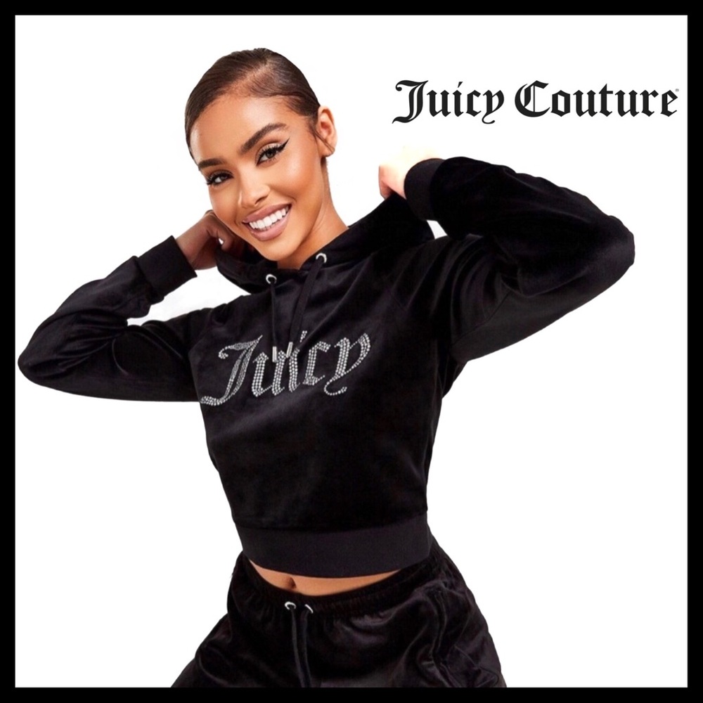 JUICY COUTURE Luxe Women’s Velour Bling Cropped Pullover Hoodie Size (M) Medium